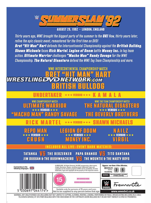 WWE SummerSlam 1992: 30th Anniversary DVD - Back Cover Artwork